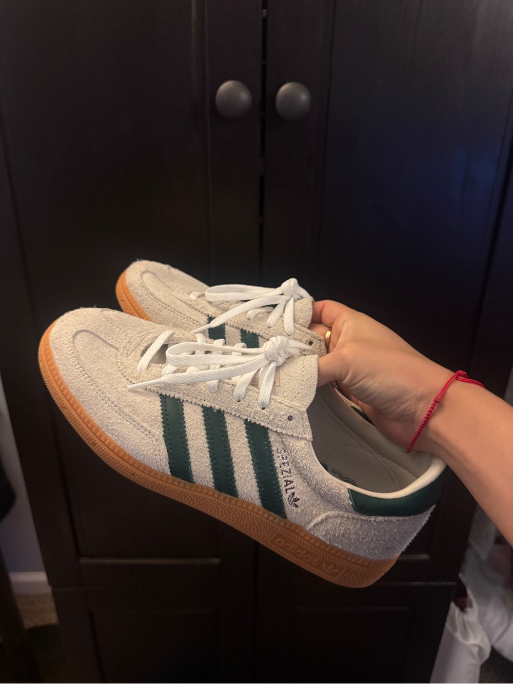 adidas Kids Suede Sneakers - White with Green Stripes and Gum Sole